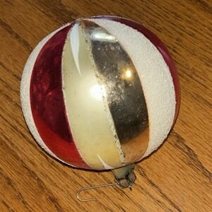 Christmas Ball Mercury Glass Pink Gold Stripes Glitter Jumbo Fantasia VTG #1269‎